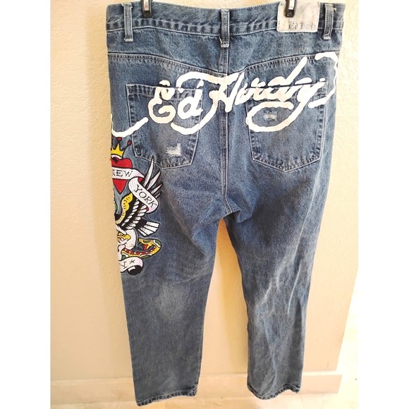 Other - Vintage Ed Hardy NYC Embroidered Jeans 36x29 Y2K Streetwear Distressed Denim